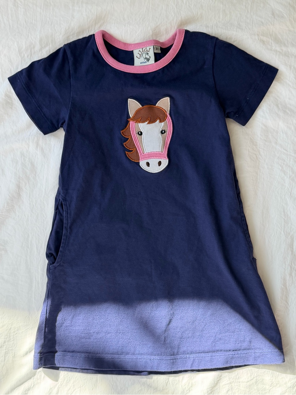 Luigi Kids 3T Navy Horse Appliqué T-Shirt Dress Pink Trim Pockets